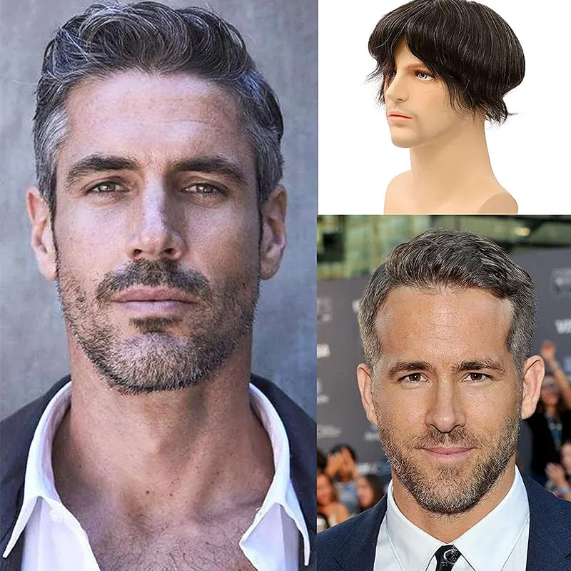 

Toupee for Men Human Hair Toupee Men Soft Skin System HairPieces Replacement Thickness 0.06mm Full PU Hair 8x10 1B/20 Grey Hair