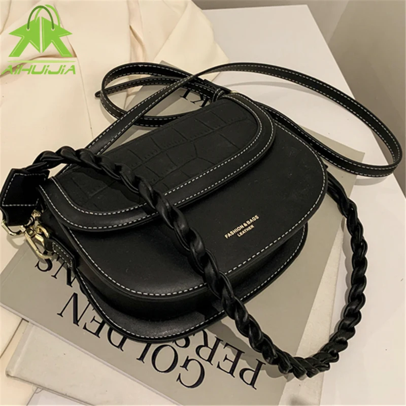 

2021 Color Contrast Ladies Saddle Handbags New Stone Pattern Shoulder Messenger Bag New Luxury Solid Color Female Crossbody Bags