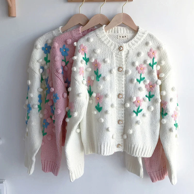 

Embroidered Flower Spring Autumn Vintage Knitting Knitted Cardigan Coat Embroidered Wool Ball Sweater Tops Female Pull Femme