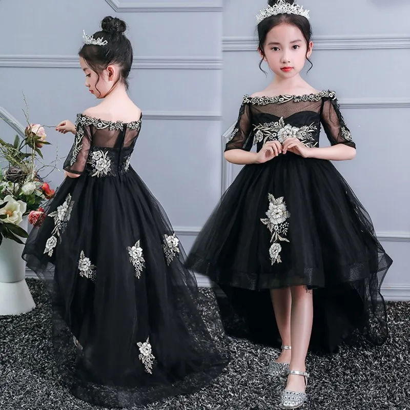 Свадебное платье с цветочной вышивкой для девочек короткое спереди длинное