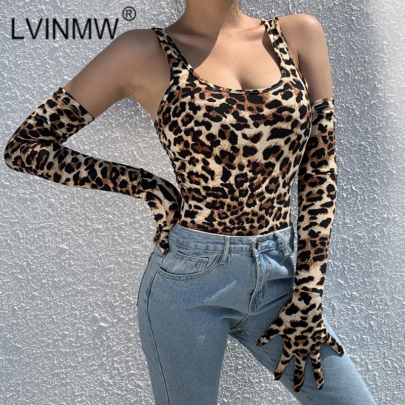 Женский комбинезон LVINMW с леопардовым принтом и перчатками открытыми плечами без