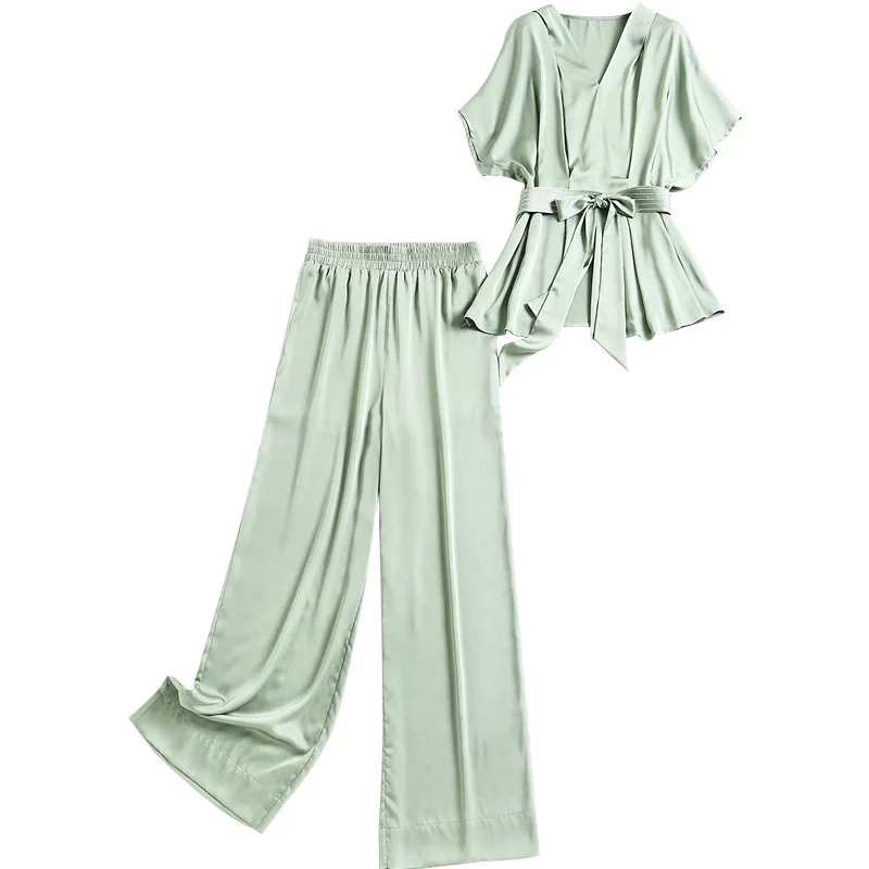 

SHUCHAN Korean Fashion 2 Piece Set Office Lady Top+ Elastic Waist Wide Leg Pants To Ankle-Length Summer Suit Women Green
