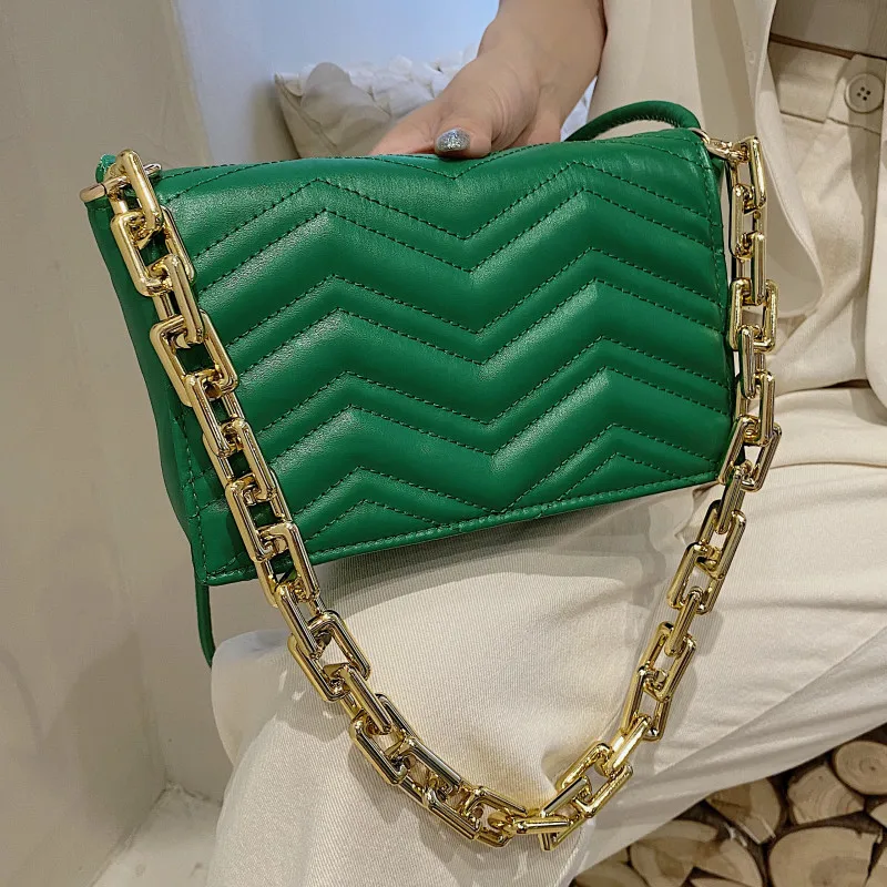 

Thick Chain Green Shoulder Bags for Women Quilted Crossbody Bag Small Flap Leather Messenger Bag Lady Embroidery Thread Handbags