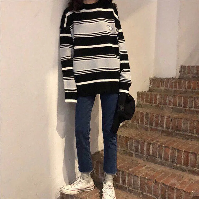 Полосатый Женский Kawaii Ulzzang Винтажный стиль круглый вырез колледж свободный свитер с облачком женский корейский Панк Тонкий милый свободный Harajuku