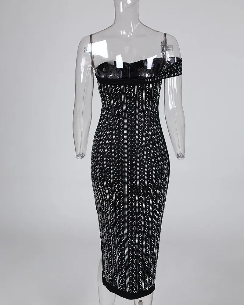 Шипованные с открытыми плечами разрез платье без бретелек рукавов Bodycon Блестками