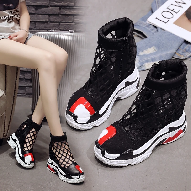 

2020 Summer Casual Shoes Woman Platform Sneakers Female Mesh Breathable Zapatillas Slipony Women 12cm Heels Wedge Zipper Sandals