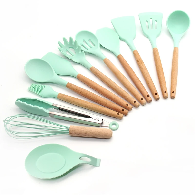 12-Pcs kitchen set Силиконовые набор для кухни 11/12/13 шт, кухонный набор,набор кухонных принадлежностей, антипригарным,деревянной с лопатки, ложка,половник,Кухня инструменты,кухонная утва,серый,кухонные принадлежности из силикона - Цвет: 12-Pcs kitchen set