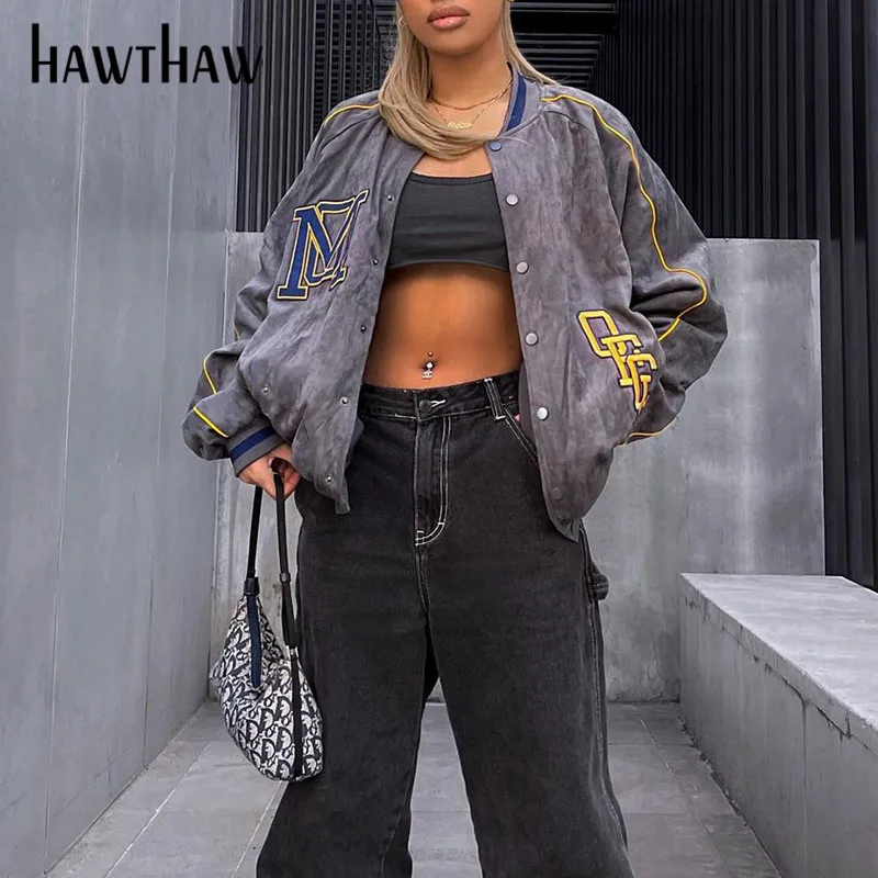 

Hawthaw Women Autumn Winter Letter Printed Velvet Baseball Jacket Coat Streetwear 2021 Fall Clothes Wholesale Items Dropshipping