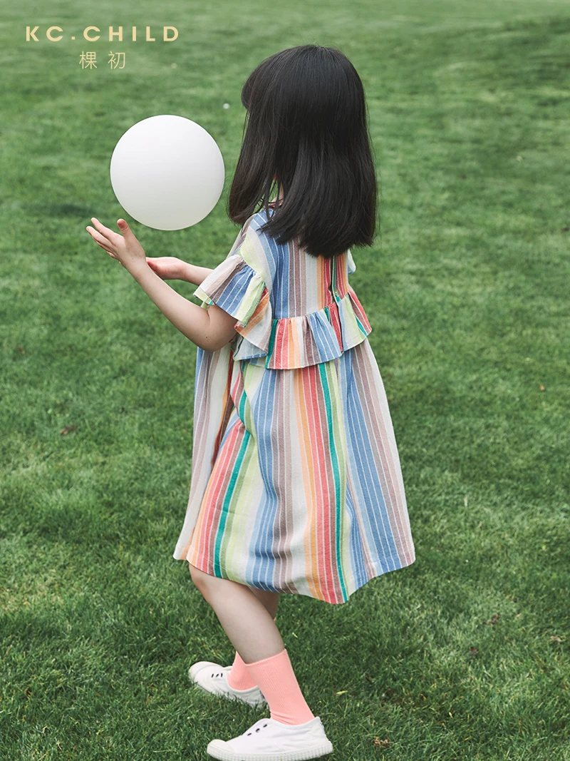 KC.Child Girl's Rainbow Dress with Ruffles Breathable Cotton Linen Fabric Kid's for Summer Age2-10Y | Детская одежда и