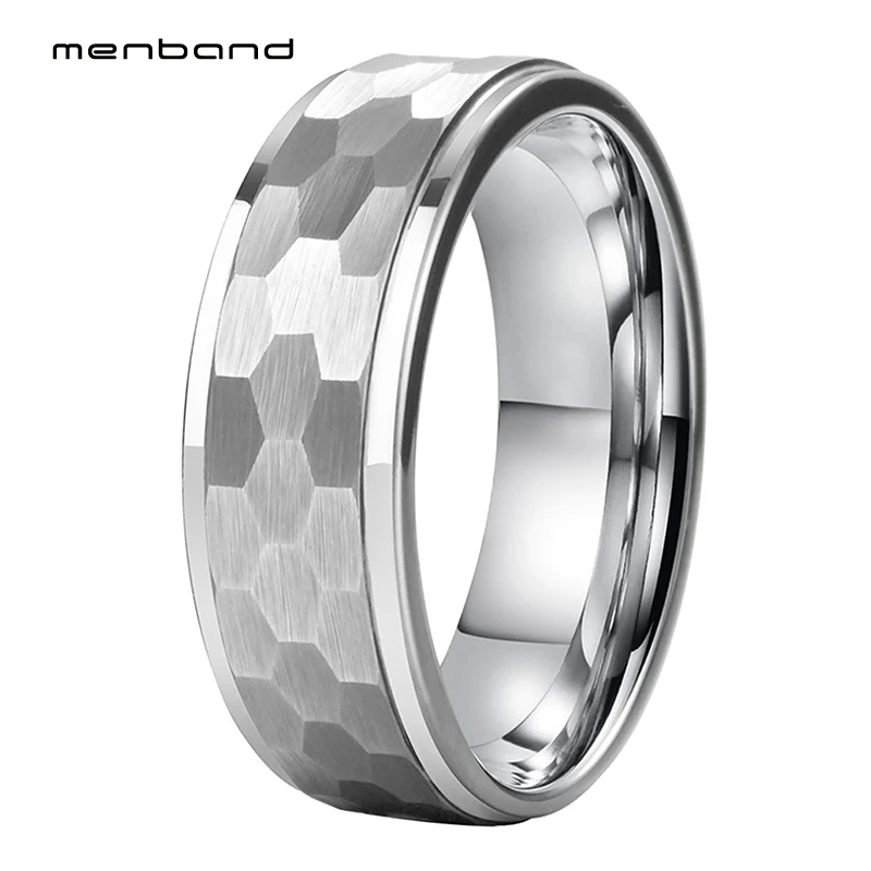 

6MM 8MM Tungsten Carbide Ring For Men Women Stepped Edges Multifaceted Hammered Brushed Finish Comfort Fit