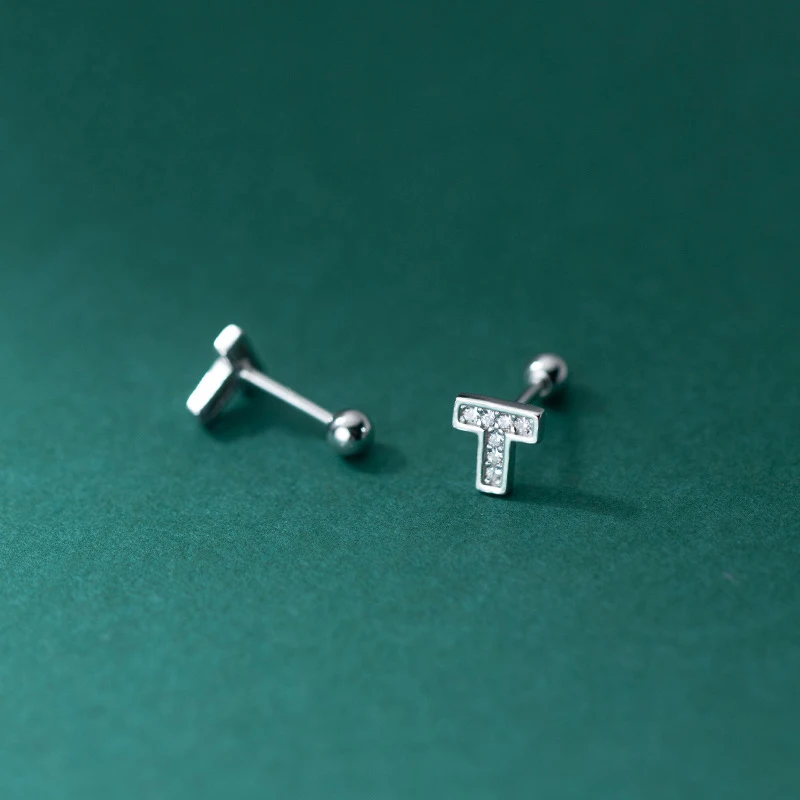

INZATT Real 925 Sterling Silver Zircon Letter T Thread Stud Earrings For Fashion Women Asymmetry Fine Jewelry Punk Accessories