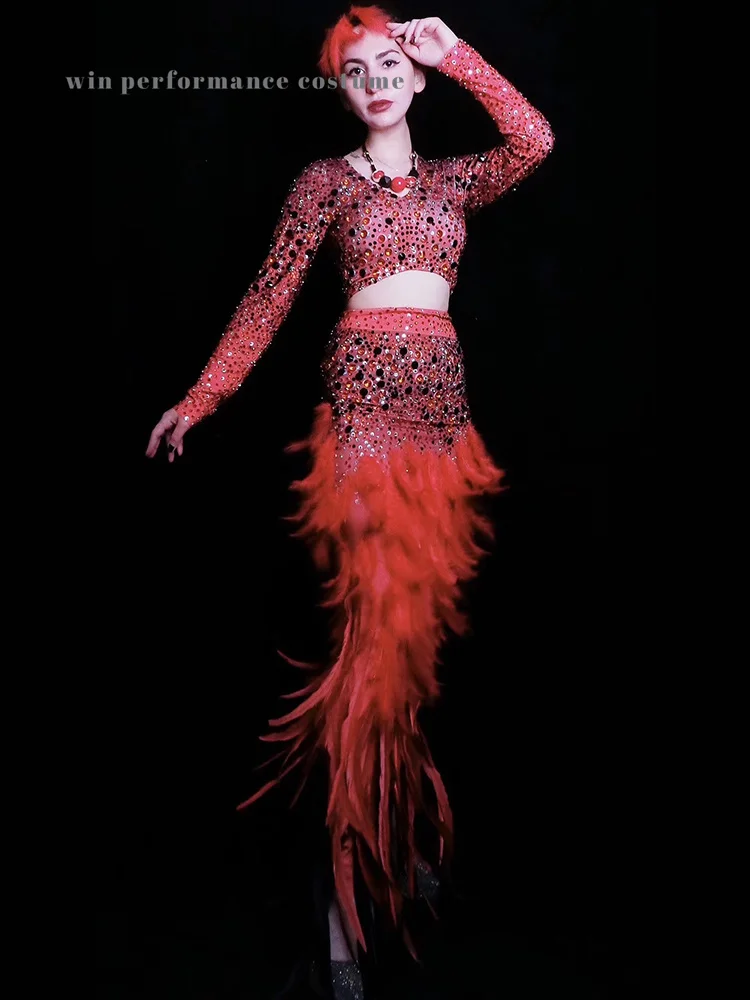 Красный сексуальный танцевальный костюм с блестками для сцены 2 предмета перо