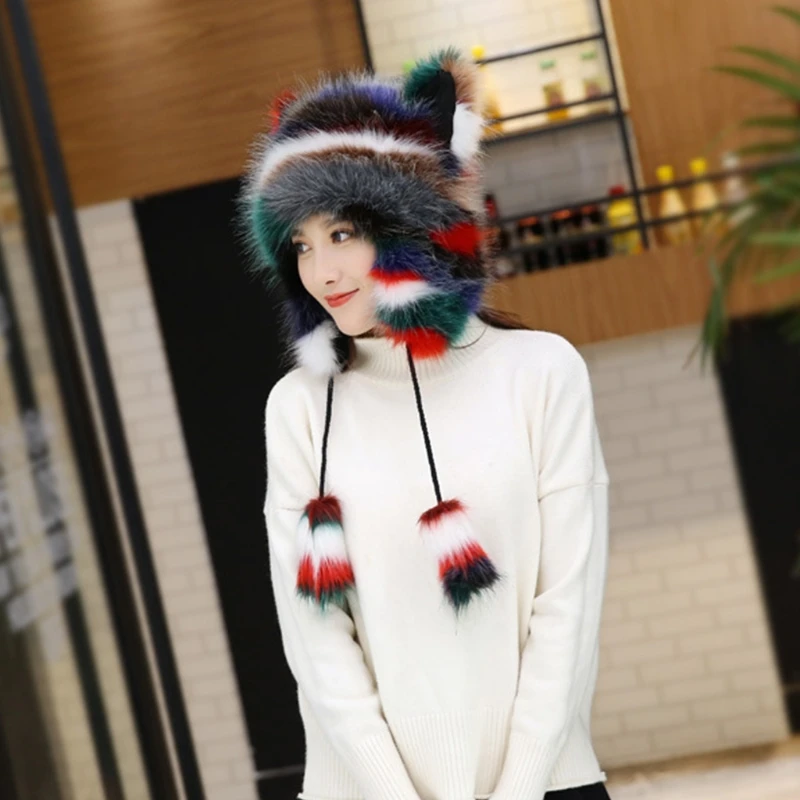 

Women Winter Fluffy Furry Trapper Hat Multicolor Cute Cat Ears Fuzzy Plush Animal Earflap Cap Outdoor Skiing Windproof M7DD