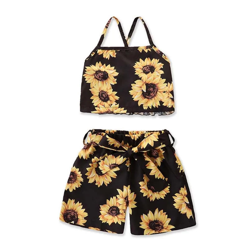 Conjuntos de ropa para ni&ntilde;as, Top con tirantes de girasoles y pantalones cortos, moda para ni&ntilde;os, estilo occidental, 2 uds.-0