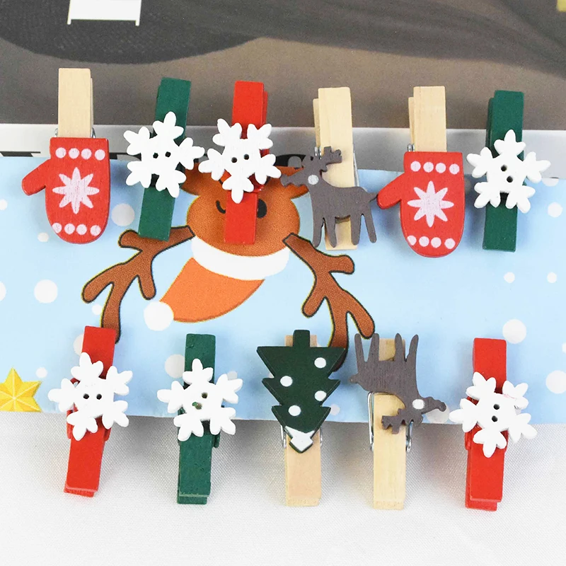 

10pcs Christmas Wooden Clips Photo Paper Peg Clothespin Craft Clips Xmas Ornaments for Home Navidad Natal Gift Decor