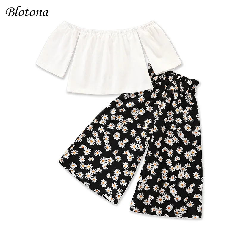 

Blotona Kids Girls Off-shoulder Long Sleeve Tops+ Wide Leg Pants, Small Daisy Print Casual Style Summer Clothing Set，1-6 Years