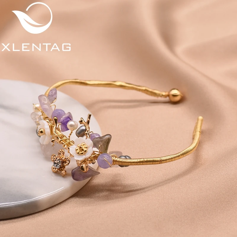 Женский браслет с пресноводным жемчугом XlentAg натуральный фиолетовый камень