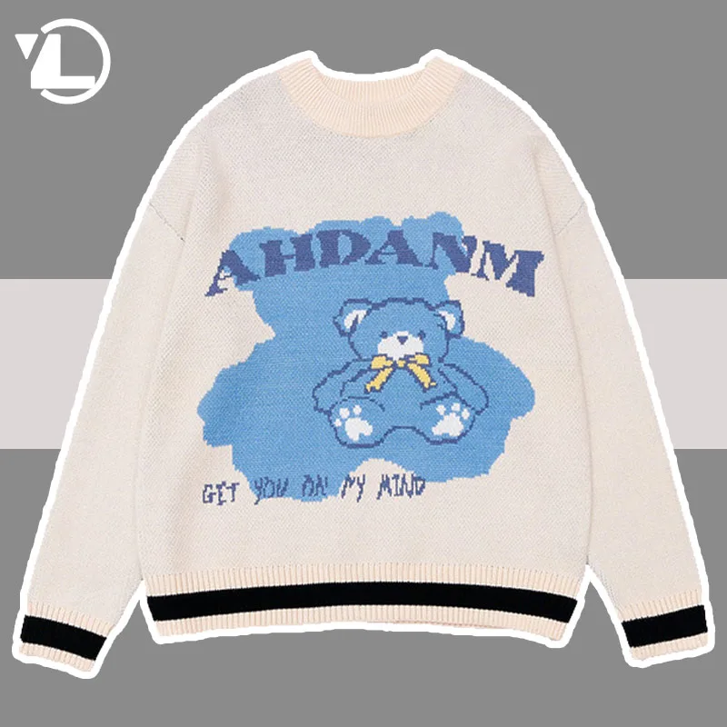 

Cartoon Bear Knitted Sweater Men Women Streetwear Soft Jumpers Hip Hop Harajuku College Casual Oversize Pullover Unisex Japanese