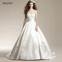99gown 2019 luxury satin weddiing ceremony dress sexy backless lace up chapel train long dresses embroidery wedding gown