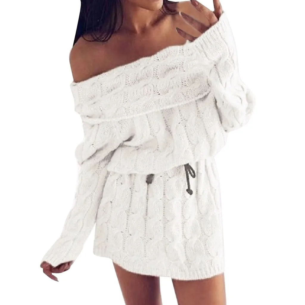 Элегантный свитер платья Womne Мода холодное плечо вязание с длинным рукавом