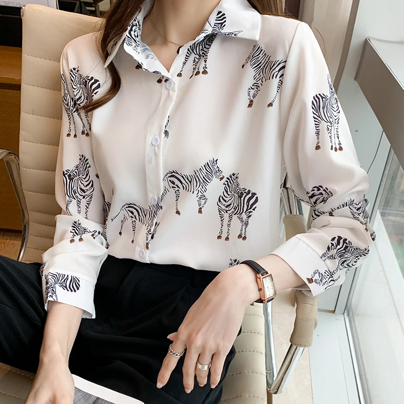 

Chiffon Print Women's Blouse Loose Polo Girl's Shirt Spring Autumn Casual Long Sleeve Top Fashion Button Lady Blusas Houthion