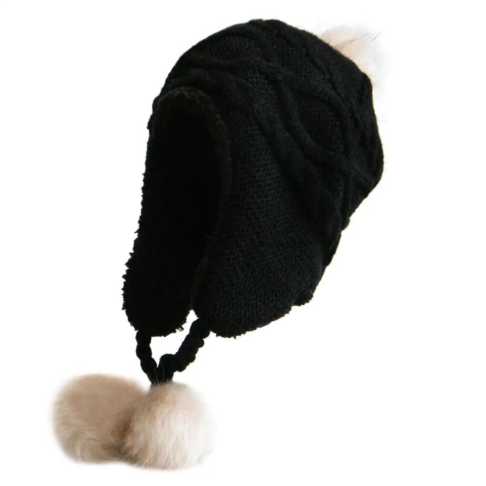 Black Brand Winter knitted Beanies Hats Women Thick Warm Beanie PomPoms Hat Female knit Bonnet Beanie Caps Parent-child Accessories - Цвет: Black