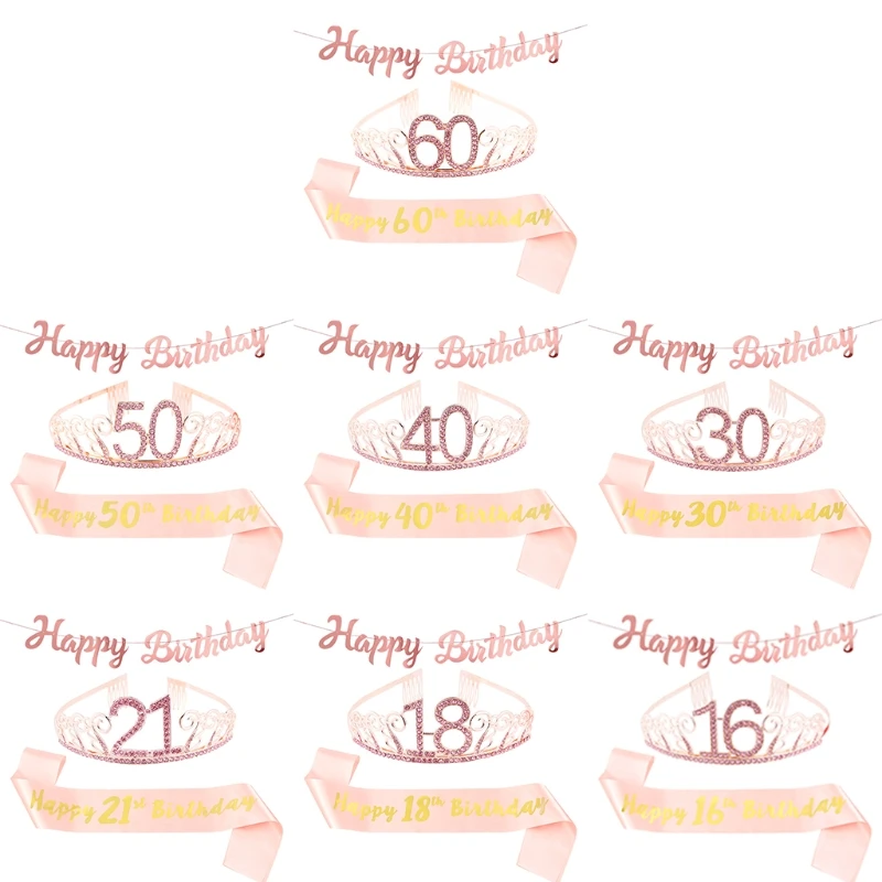 

3Pcs 16/18/21/30/40/50/60th Birthday Sash Rhinestone Crown Happy Birthday Banner Birthday Decoration Set for Girls Women