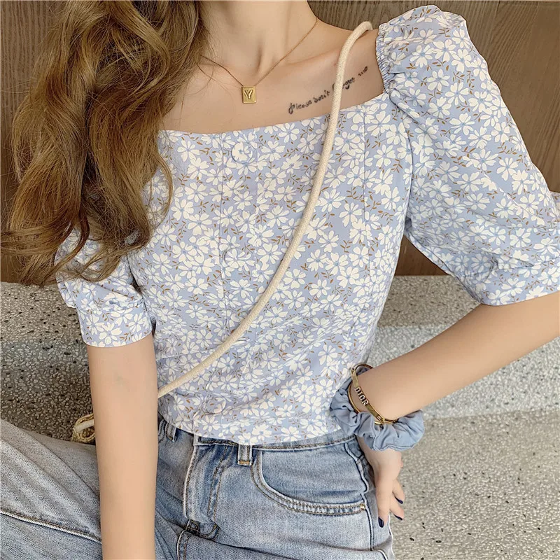 

COIGARSAM Floral Print blouse women Summer Puff Sleeve Square Collar blusas womens tops and blouses Blue Light Green 5041