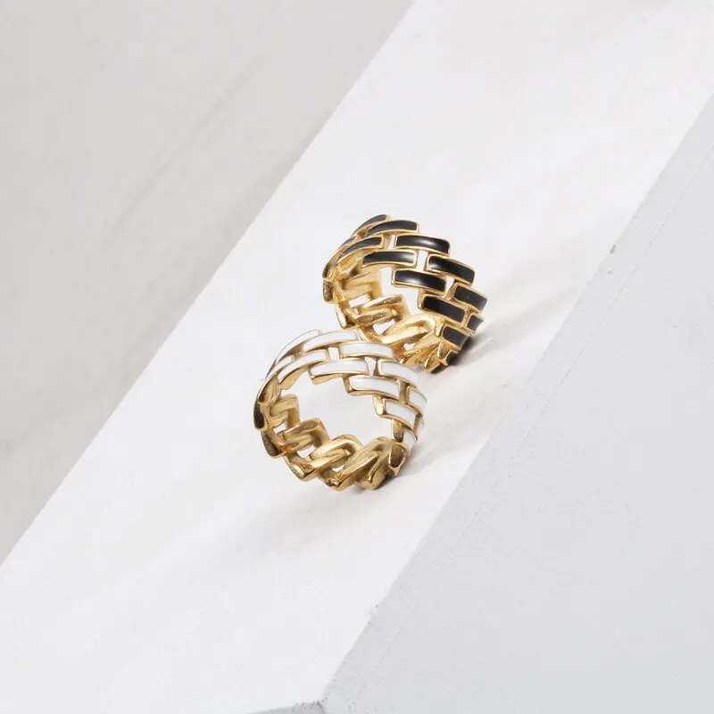 

Joolim High End Gold PVD Waterproof Chain Black And White Dripping Rings for Women Stainless Steel Jewelry Wholesale