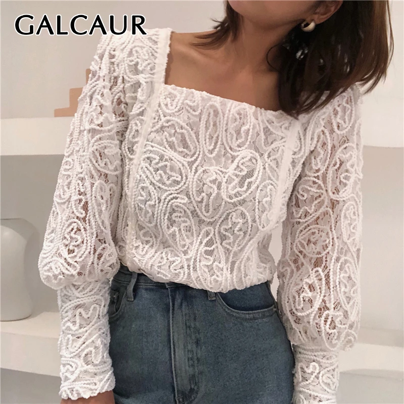 GALCAUR Корейская с принтом кружевная открытая женская рубашка квадратным