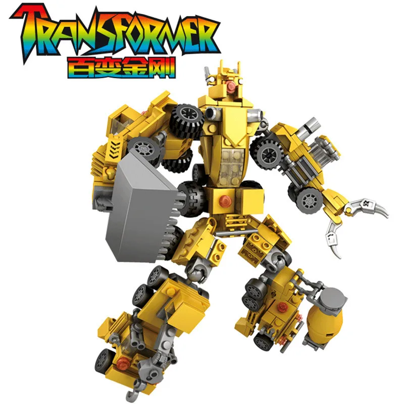 

6Pcs/lot City Urban Engineering Transporter Bulldozer Excavator Transformering Robot Toy Building Blocks Sets Bricks Kids Toys