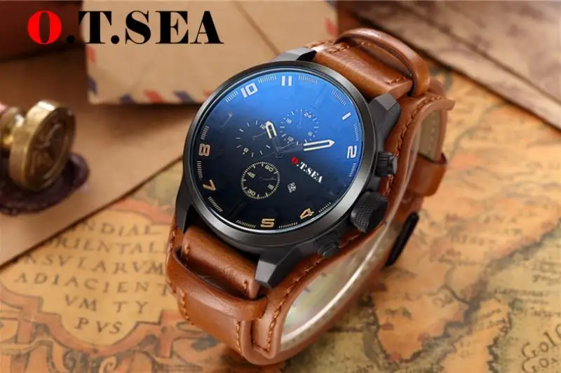 Высококачественные кожаные часы Мужские Военные Спортивные кварцевые наручные