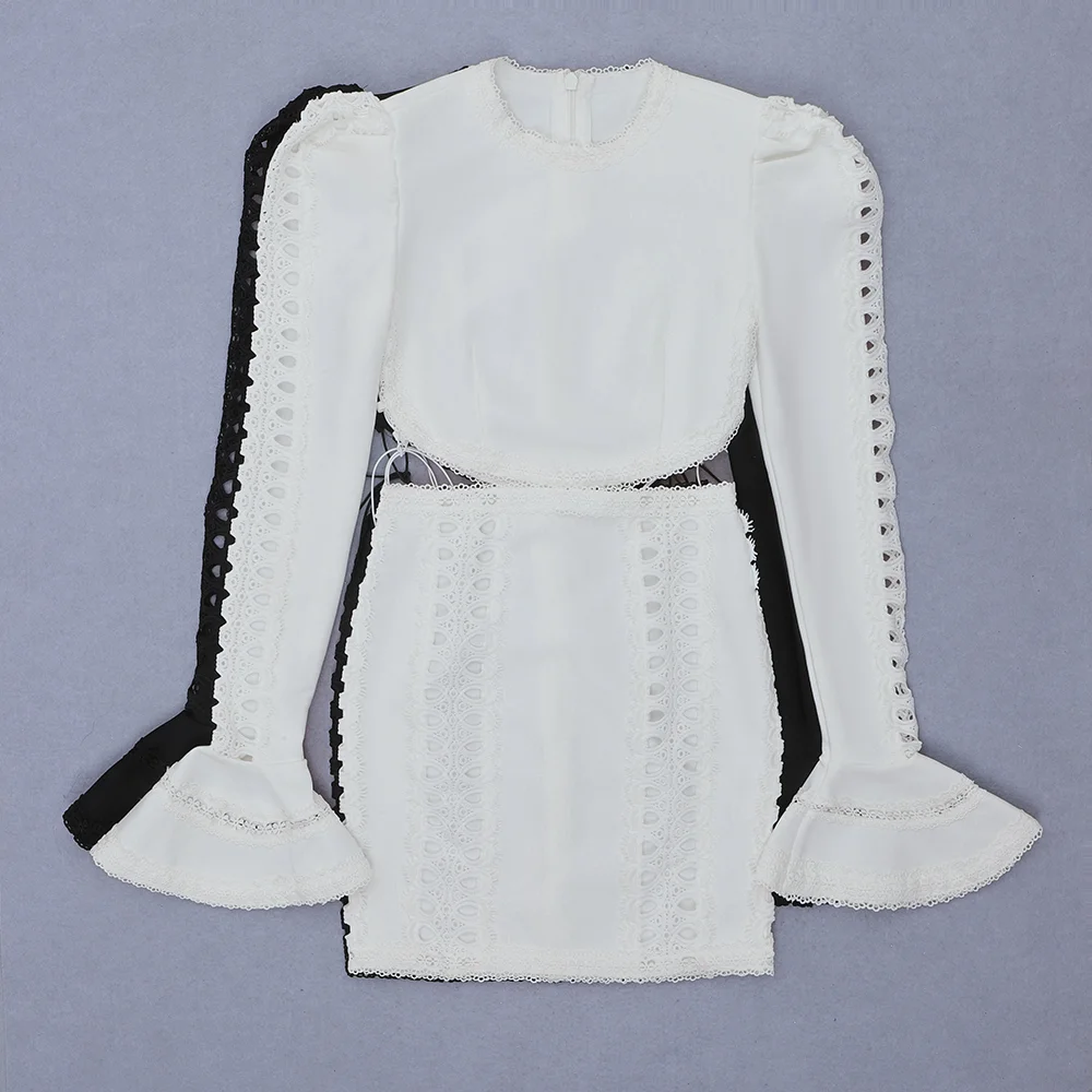 

2021 New Summer Women's Black Bodycon Bandage Dress Sexy Round Neck Flare Sleeve Bandage Cutout Long Sleeve Tight Dress Vestidos