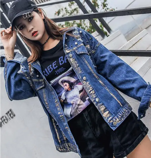 Deep Blue Винтажная Синяя Женская Базовая джинсовая куртка с жемчужинами и бусинами, осень, джинсовая куртка большого размера с длинным рукавом, свободная женская верхняя одежда - Цвет: Deep Blue