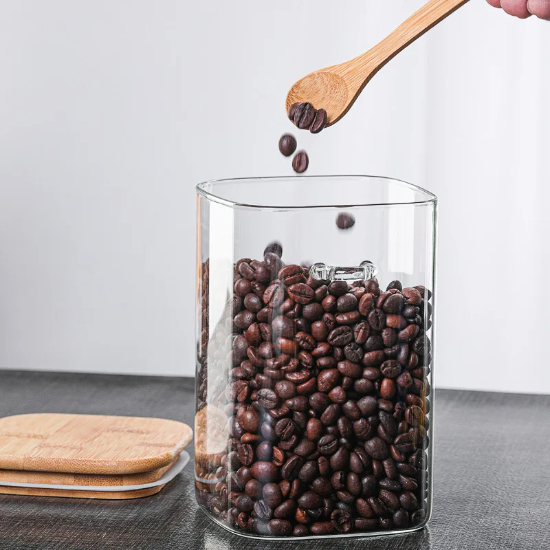 Bamboo Lid Glass Sealed Cans with Spoon Coffee Bean Storage Airtight Bottle Kitchen Jar Tea Spice Seasoning Jars | Дом и сад