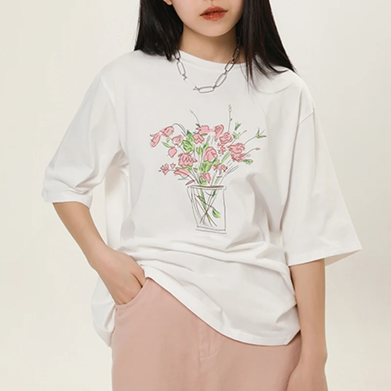 

Rose Print Short-Sleeved T-Shirts Women Korean Version Simplicity Loose T-Shirt Woman Casual O-Neck Solid Tees Women Summer 2021