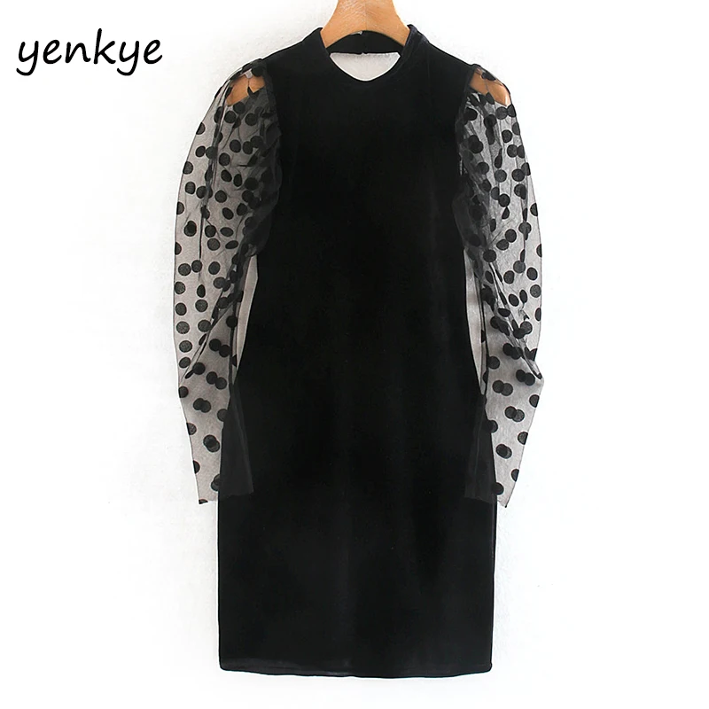 Модное женское сексуальное полупрозрачное бархатное платье в горошек с длинным