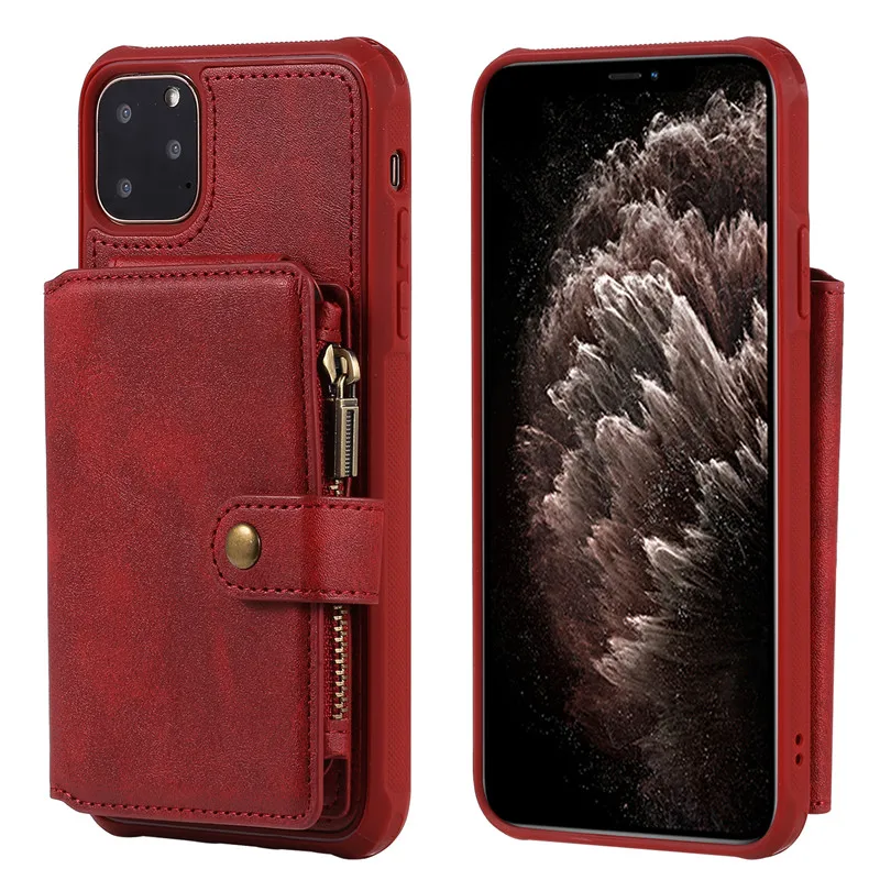 red Ретро Кожаный Кошелек на молнии чехол для телефона для iPhone 11 11Pro MAX XS MAX XR 6 6splus 7 7Plu 8 8Plus держатель для телефона с подставкой задняя крышка - Цвет: red