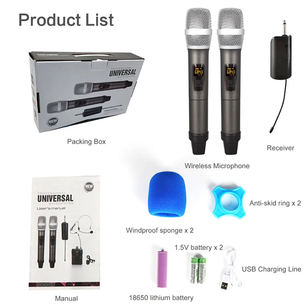 

Wireless Microphone Dual Channels UHF Anti-Howling Handheld Professional Chargeable Receiver Dynamic Mic for Karaoke