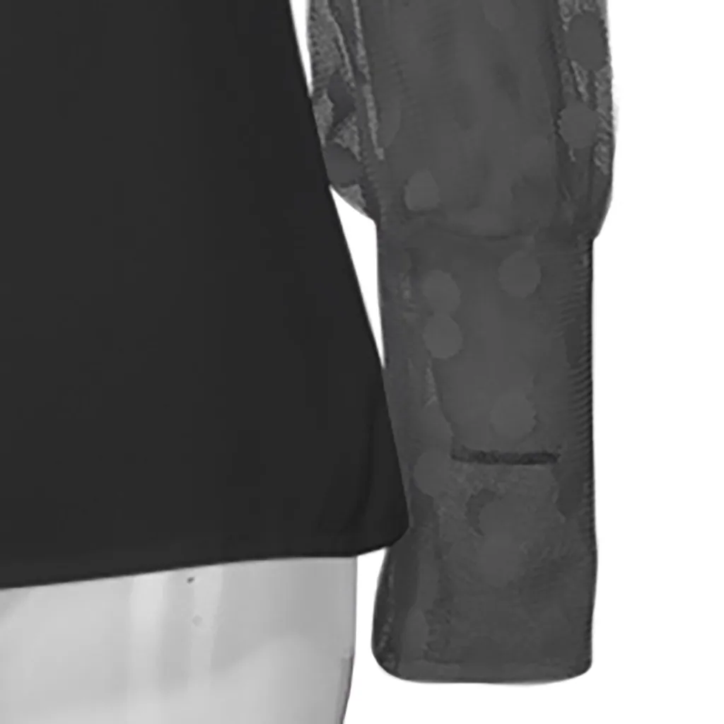 Fashion Dot Lantern Sleeve T-Shirt Perspective Casual Autumn Ladies O-Neck Tops Female Women Long Shirt Blusas Pullover | Женская одежда