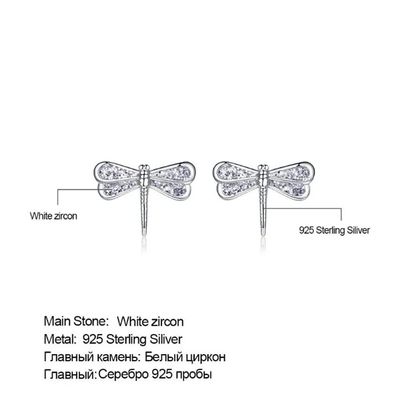

New 925 Sterling Silver Glitter Dragonfly Stud Earrings For Women Girls Party Gift Fine Jewelry CZ Insect Earrings