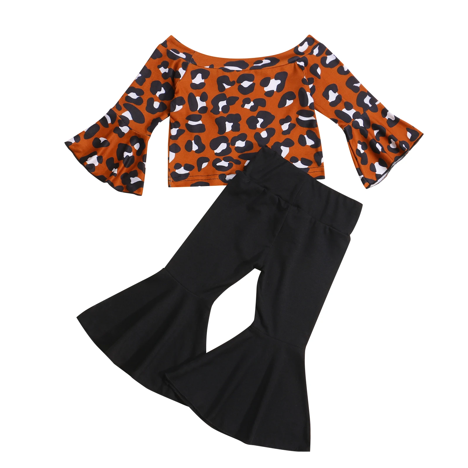 

Bmnmsl 2Pcs Girls Outfit Sweet Style Leopard Print Off Shoulder Flare Long Sleeve Tops + Solid Color Bell-bottomed Pants Set