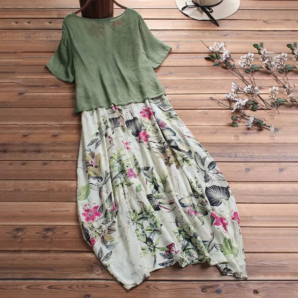 Женское платье макси с винтажным принтом летнее лоскутного покроя круглым