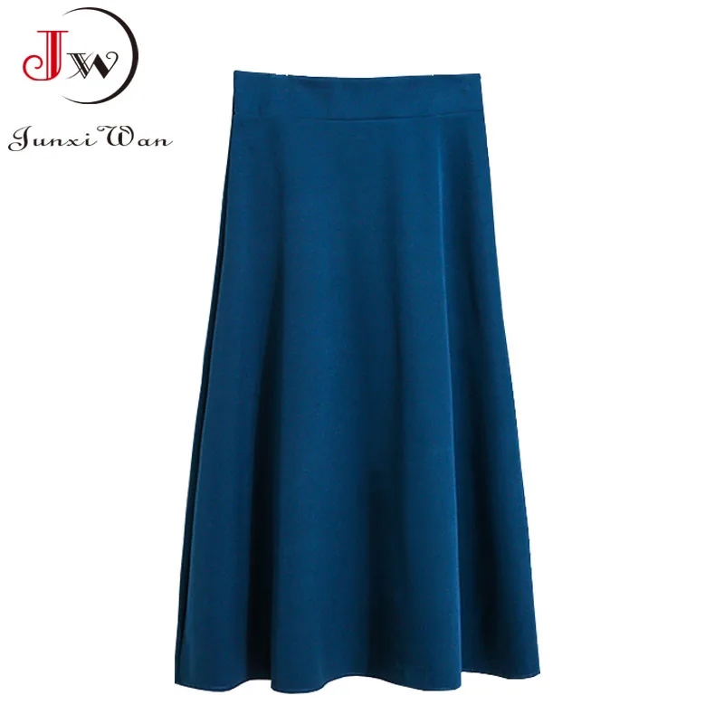 

Women Summer Elegant Skirt Solid High Elastic Waist Pockets A-Line Office Ladies Midi Skirts Casual korean Fashion Saia
