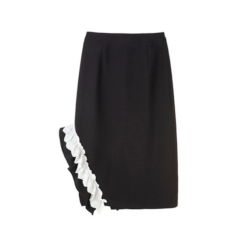 

Women's Black Ruffled Lace Skirt Stretch High Waist Asymmetric Fashion Lace Stitching Design Women's Skirt Knee-Length Skirt