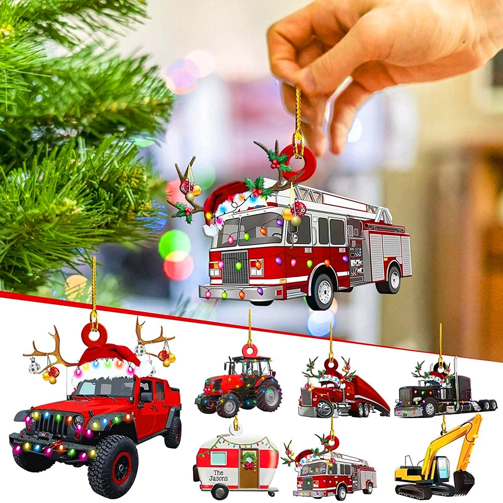

Christmas Wood Ornaments Crafts For Christmas Tree Decor Truck Steamship Excavator Fire Truck Hanging Pendant Home Party Gift