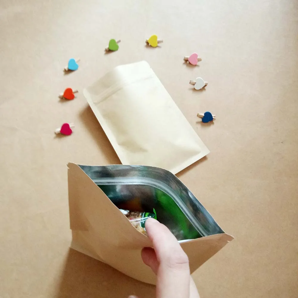 

50pcs Brown Flat Aluminum Kraft Paper Bags For Gifts/Wedding/Candy/Tea/Food Kraft Bags Crafts No Stand Up Ziplock Packing Bag
