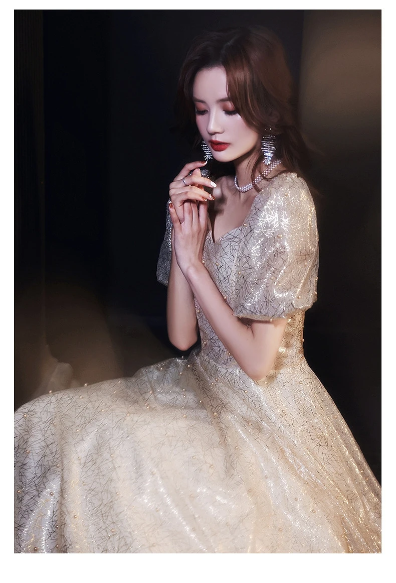 

2021 Champagne Evening Dresses A-Line Long Shiny Beading Pearls Sequined Pleat Simple Wedding Guest Maid of Honor Prom Gowns New