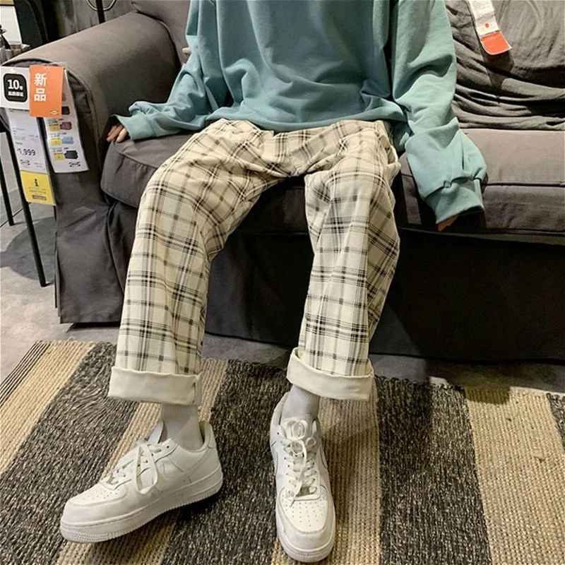 

Casual Pants Women Apricot Plaid Elastic Waist Spring Autumn All-match Wide Leg Trousers BF Flat Ins Thicker Popular Arrival