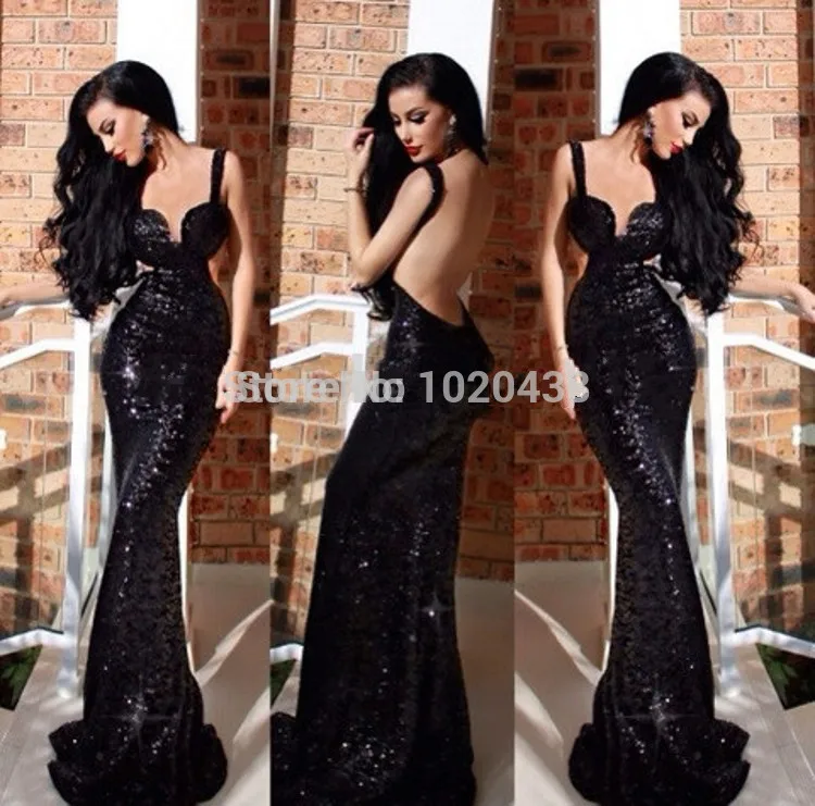 

Gorgeous Sweetheart Spaghetti Straps Long Mermaid Prom Black White Sequined Lace Backless Party Gown Vestidos bridesmaid dresses